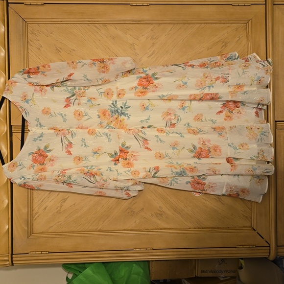 Maison Tara Flowy Metallic Lined Dress in 24W. Colors white/ pink/ green - Picture 7 of 10